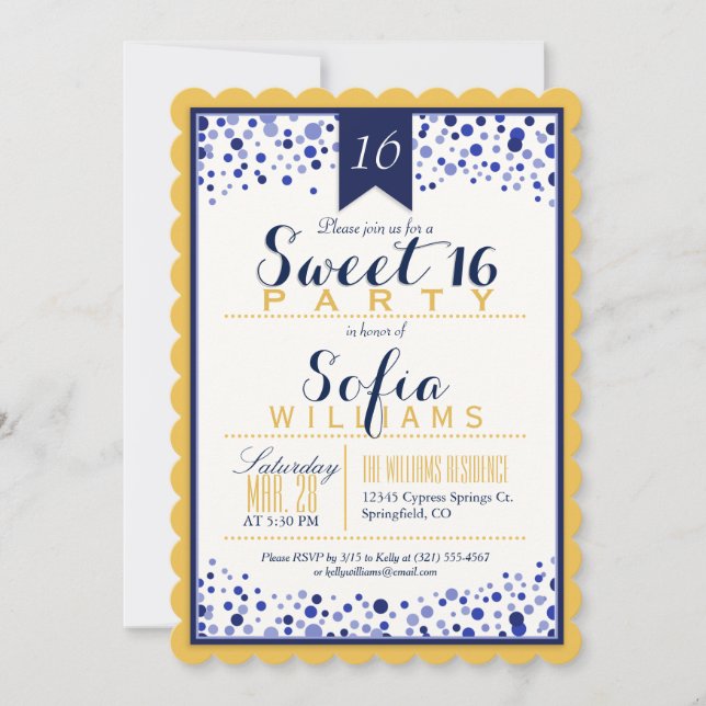 Yellow Gold, White, Navy Blue Sweet 16 Party Invitation (Front)