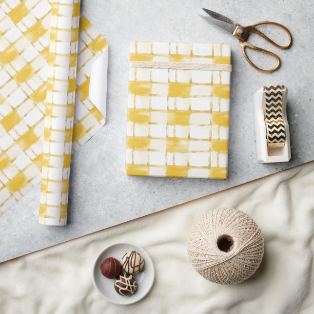 Yellow Gold White Plaid Stripes Birthday Wrapping Paper (Crafts)