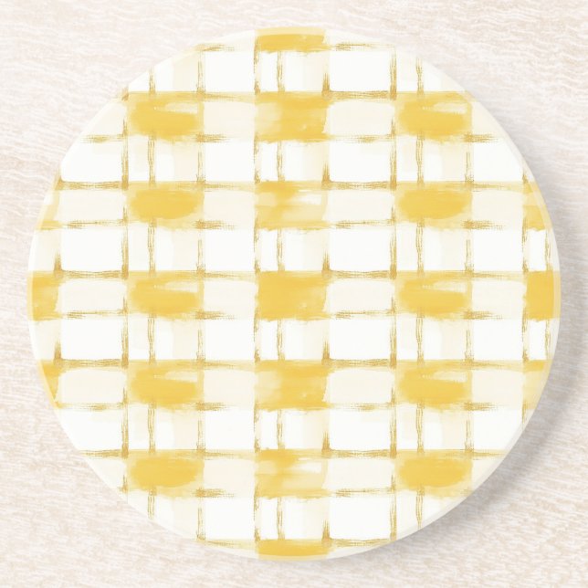 Yellow Gold White Plaid Stripes Coaster (Front)