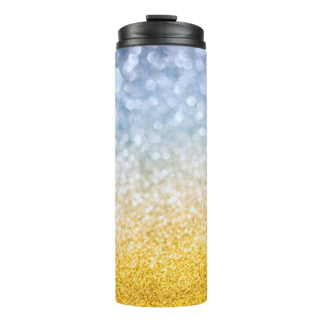 Yellow golden and blue bokeh background. Festive c Thermal Tumbler (Front)