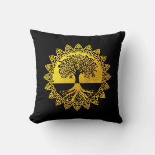 Yellow Golden Celtic Tree of Life on Black Cushion