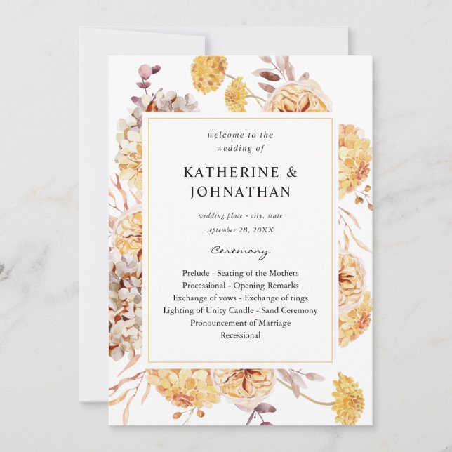 Yellow Golden Floral Wedding Ceremony Program (Front)