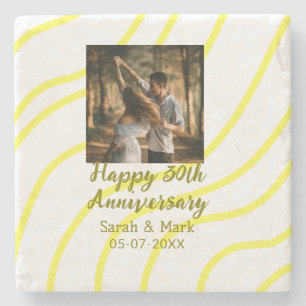 Yellow golden photo 30th wedding anniversary name stone coaster