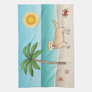 Yellow Golden Retriever At A Tropical Summer Beach Tea Towel