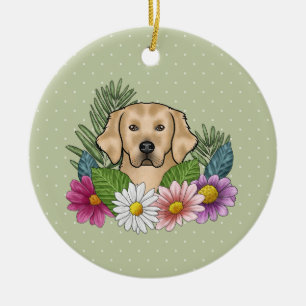 Yellow Golden Retriever Colourful Flowers And Name Ceramic Ornament