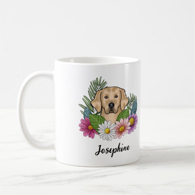 Yellow Golden Retriever Colourful Flowers And Name Coffee Mug (Left)