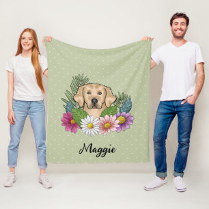 Yellow Golden Retriever Colourful Flowers And Name Fleece Blanket