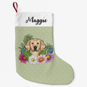 Yellow Golden Retriever Colourful Flowers And Name Small Christmas Stocking