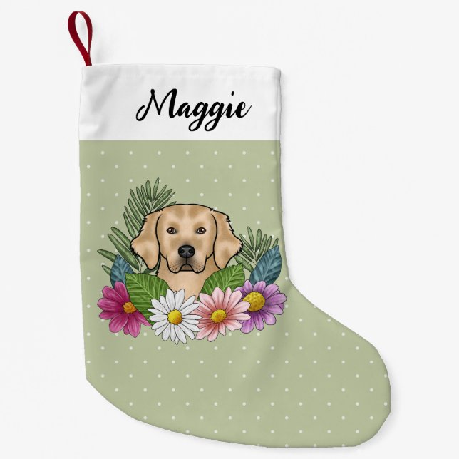 Yellow Golden Retriever Colourful Flowers And Name Small Christmas Stocking (Front)