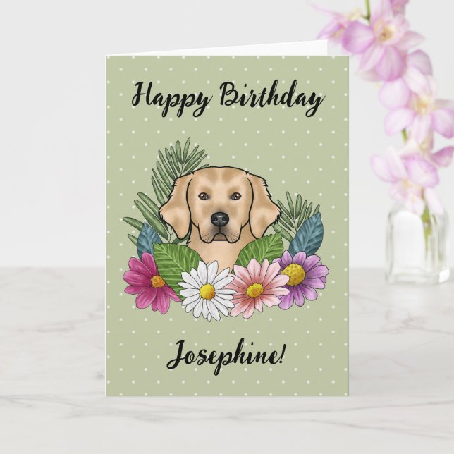 Yellow Golden Retriever Colourful Flowers Birthday Card (Orchid)
