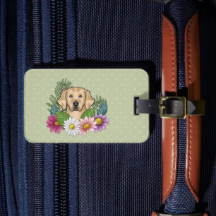 Yellow Golden Retriever Colourful Flowers Luggage Tag