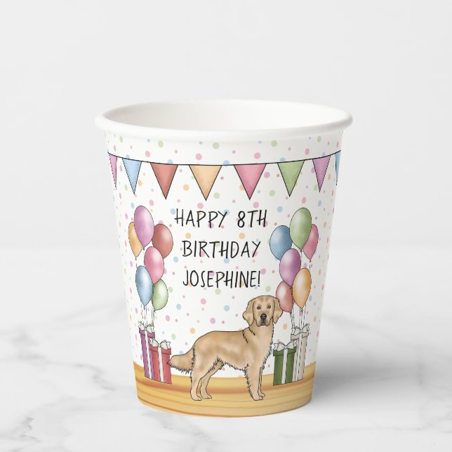 Yellow Golden Retriever Colourful Pastel Birthday Paper Cups (Front)