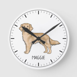 Yellow Golden Retriever Cute Dog With Custom Name Round Clock