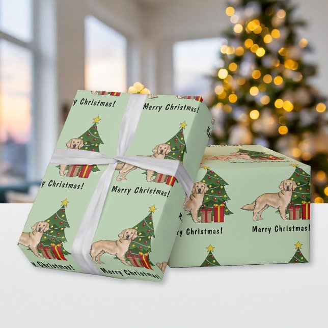 Yellow Golden Retriever Dog And Christmas Tree Wrapping Paper (Creator Uploaded)