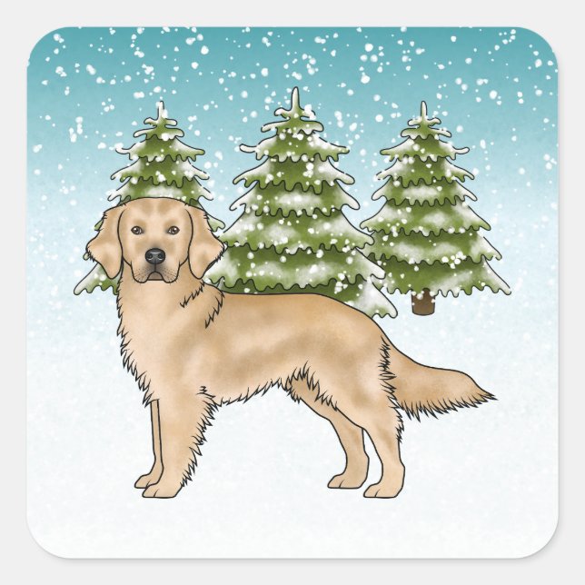 Yellow Golden Retriever Dog Blue Snowy Christmas Square Sticker (Front)