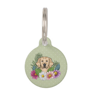Yellow Golden Retriever Dog Colourful Flowers Gree Pet Tag