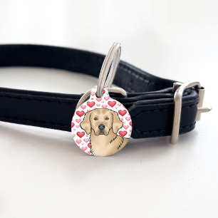 Yellow Golden Retriever Dog Head Pink Red Hearts Pet Tag
