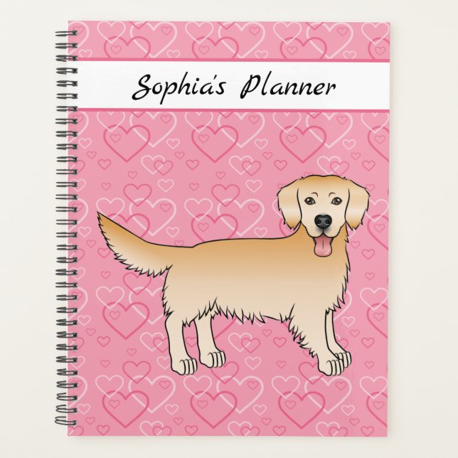 Yellow Golden Retriever Dog On Pink Hearts & Text Planner (Front)