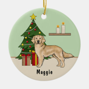 Yellow Golden Retriever Dog With Christmas Tree Ceramic Ornament