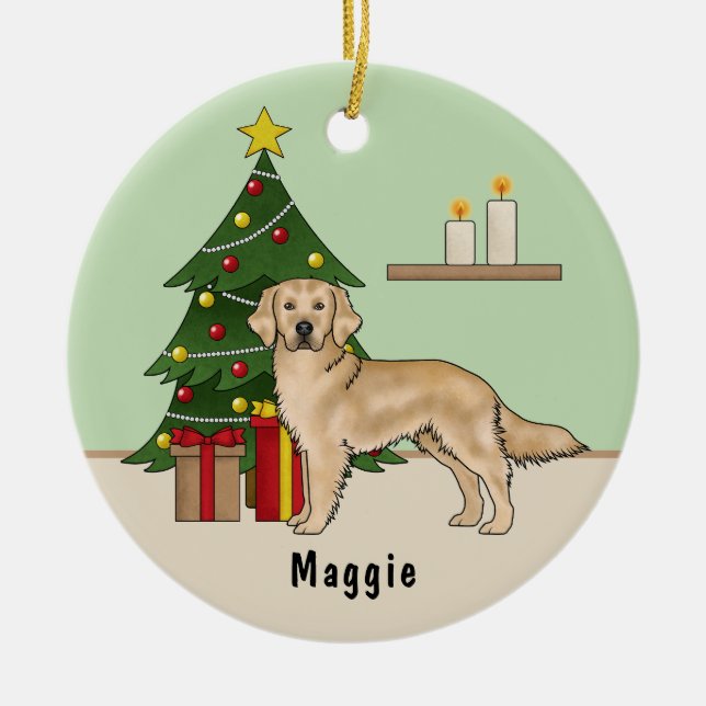 Yellow Golden Retriever Dog With Christmas Tree Ceramic Ornament (Front)