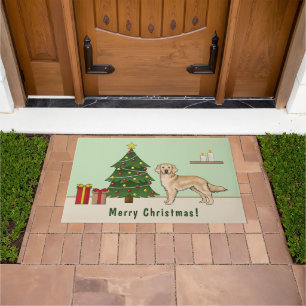 Yellow Golden Retriever Dog With Christmas Tree Doormat