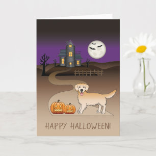 Yellow Golden Retriever & Halloween Haunted House Card