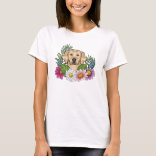 Yellow Golden Retriever Head With Colourful Flower T-Shirt