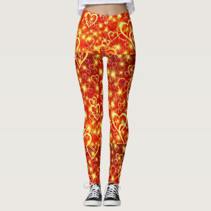 Yellow Golden Sparkling Hearts on Red Background   Leggings