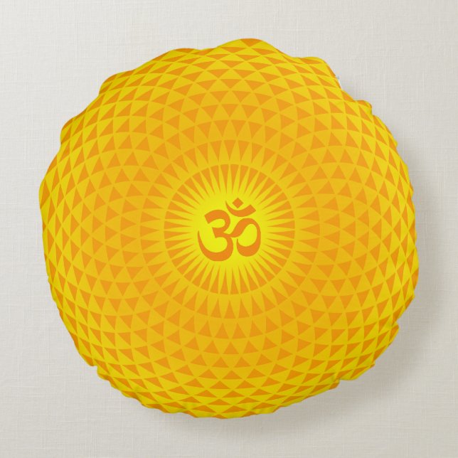 Yellow Golden Sun Lotus flower meditation wheel OM Round Cushion (Back)