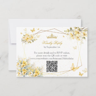 Yellow Golden Tiara Floral Butterflies Quinceañera RSVP Card