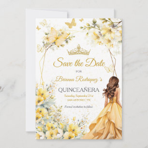 Yellow Golden Tiara Floral Butterflies Quinceañera Save The Date