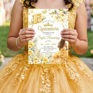 Yellow Golden Tiara Floral Butterfly Quinceañera Invitation