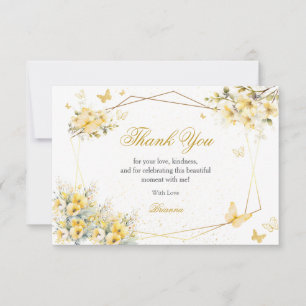 Yellow Golden Tiara Floral Butterfly Quinceañera Thank You Card