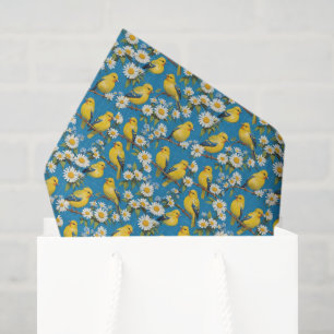 Yellow Goldfinch Birds On Branches With Daisies Tissue Paper