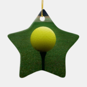 Yellow Golf Ball on a mountain golf course Ceramic Ornament