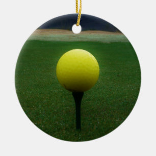 Yellow Golf Ball on a mountain golf course Ceramic Ornament