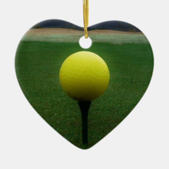 Yellow Golf Ball on a mountain golf course Ceramic Tree Decoration (Front)