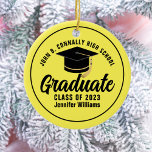 Yellow Graduate Custom Graduation Christmas Ceramic Ornament<br><div class="desc">This modern yellow and black custom senior graduate Christmas ornament features your high school or college name for the class of 2025. Customise with your graduating year under the chic handwritten script and black grad cap for a great personalised graduation gift.</div>