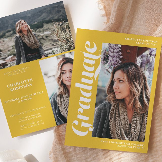 Yellow graduate script 3 photo graduation invitation (Yellow graduate script 3 photo graduation invitation)