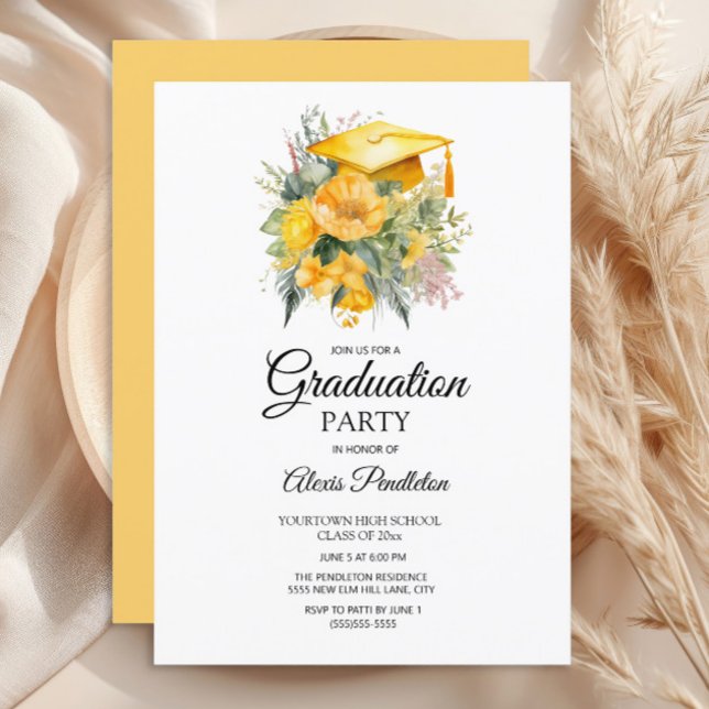 Yellow Graduation Cap Floral High School Invitation (Yellow graduation cap party invitation)