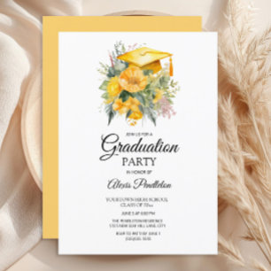 Yellow Graduation Cap Floral High School Invitation
