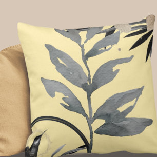 Yellow & Gray Artistic Watercolor Leaves Cushion