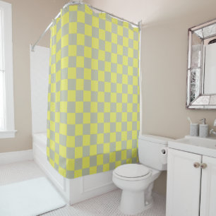 Yellow + Gray Check Checkered Checkerboard Pattern Shower Curtain