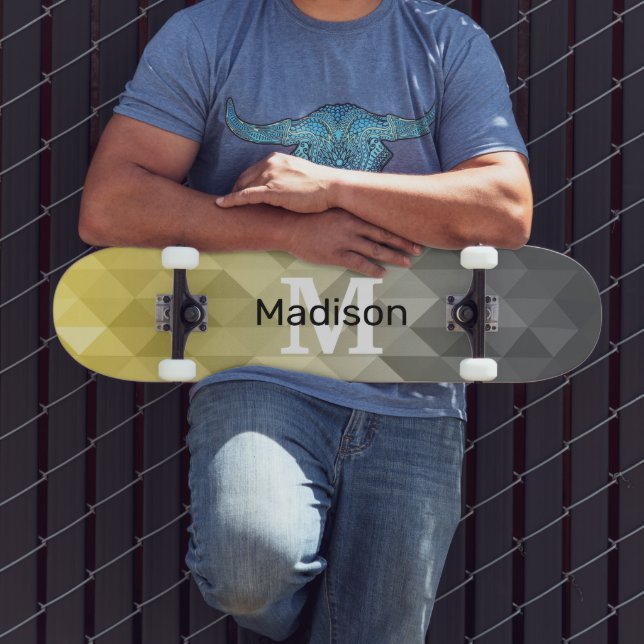 Yellow Gray Cool Ombre Geometric pattern Monogram Skateboard (Outdoor 3)