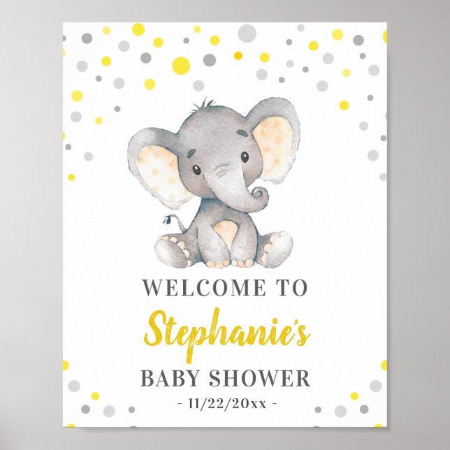 Yellow Gray Elephant Polka Dot Baby Shower Welcome Poster (Front)