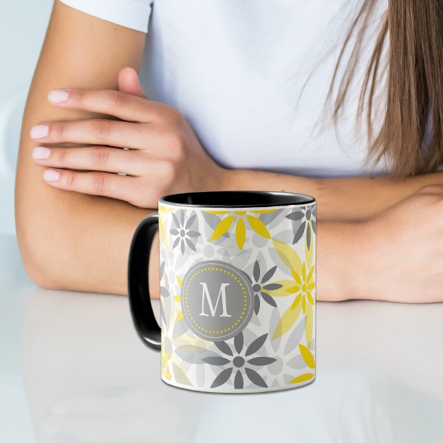 Yellow Gray Flower Graphic Monogram Two-Tone Coffee Mug (Creator Uploaded)