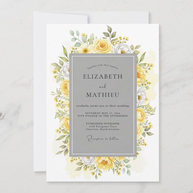 Yellow Gray Halcyon Botanical Wedding Invitation (Front)