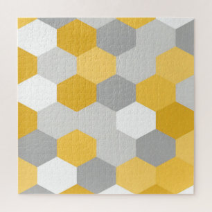 Yellow Gray Hexagon Geometric Pattern Jigsaw Puzzle