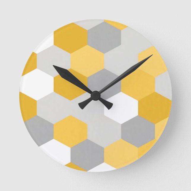 Yellow Gray Hexagon Geometric Pattern Round Clock (Front)