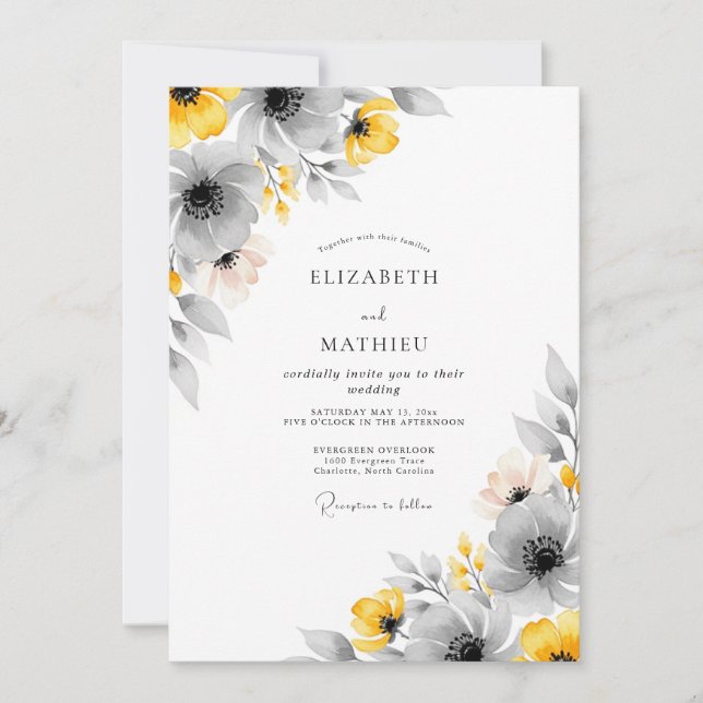 Yellow Gray Vivid Botanical Wedding Invitation (Front)
